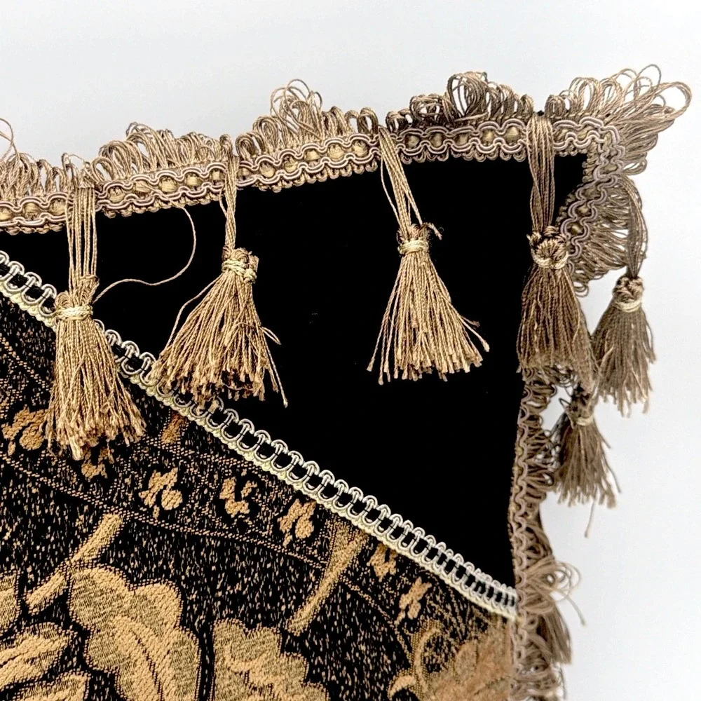 VTG Black Gold Tapestry Velvet Throw Pillow Damask Floral Tassel Trim